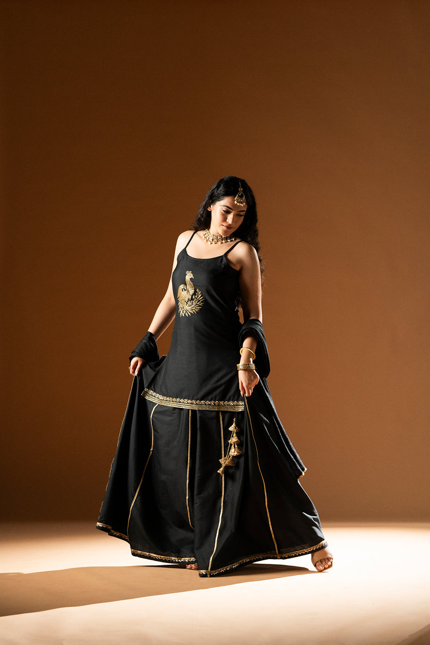 Short Kurta and Lehenga with Peacock Motif (Black)