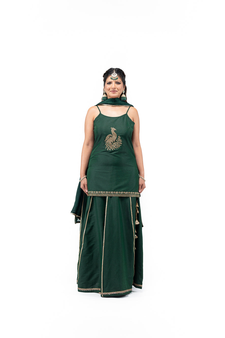 Short Kurta and Lehenga with Peacock Motif (Green)