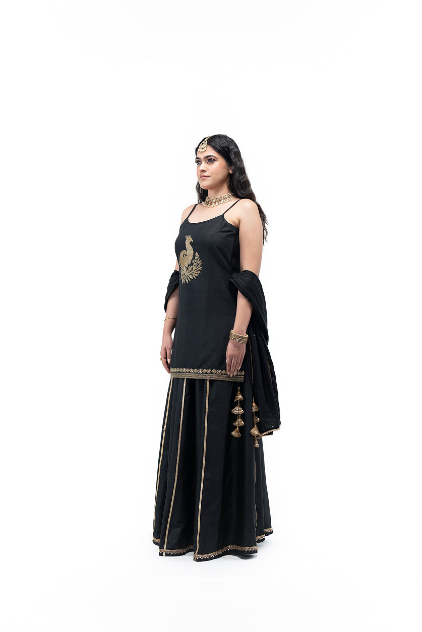 Short Kurta and Lehenga with Peacock Motif (Black)