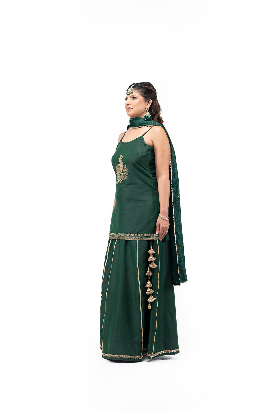 Short Kurta and Lehenga with Peacock Motif (Green)