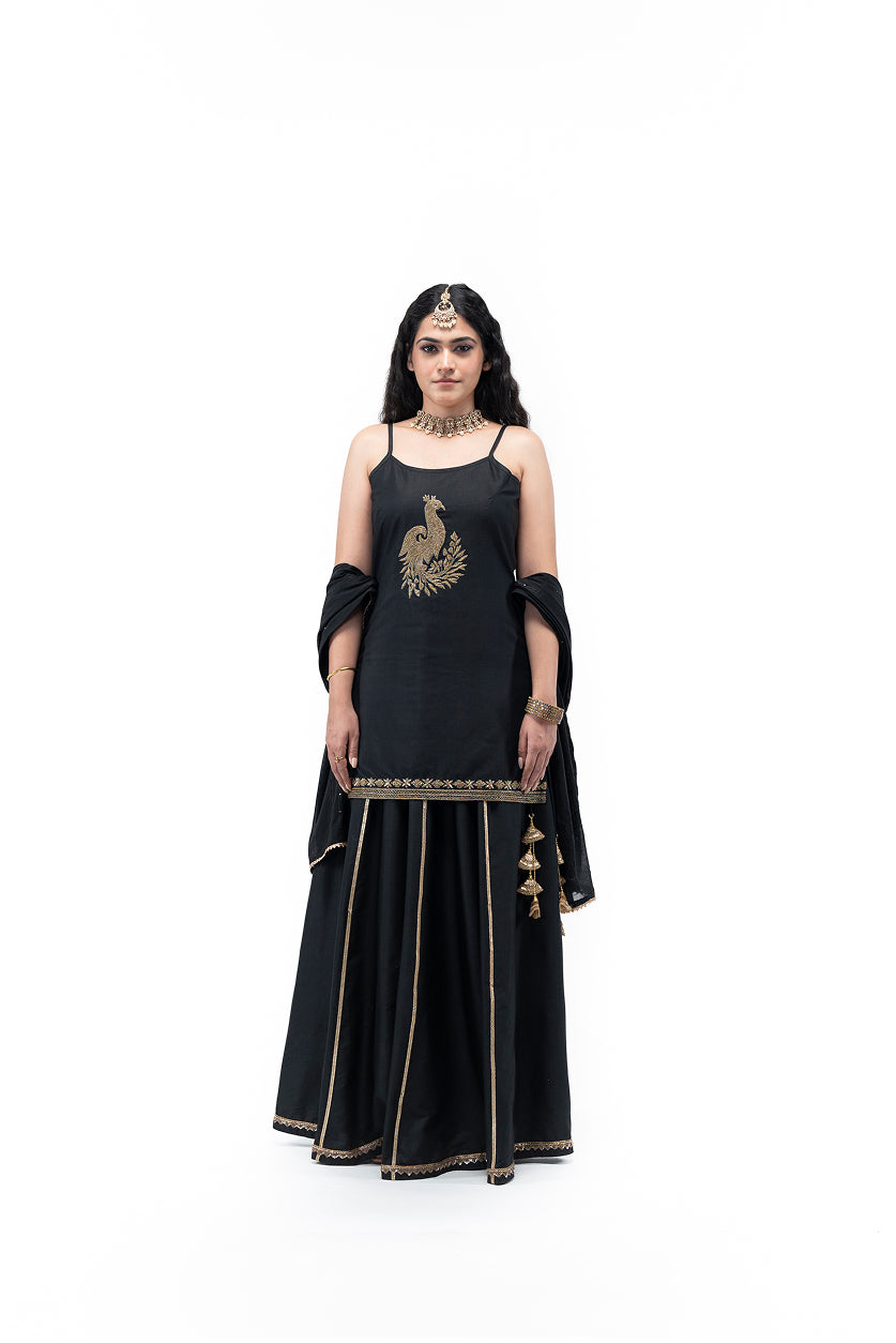 Short Kurta and Lehenga with Peacock Motif (Black)
