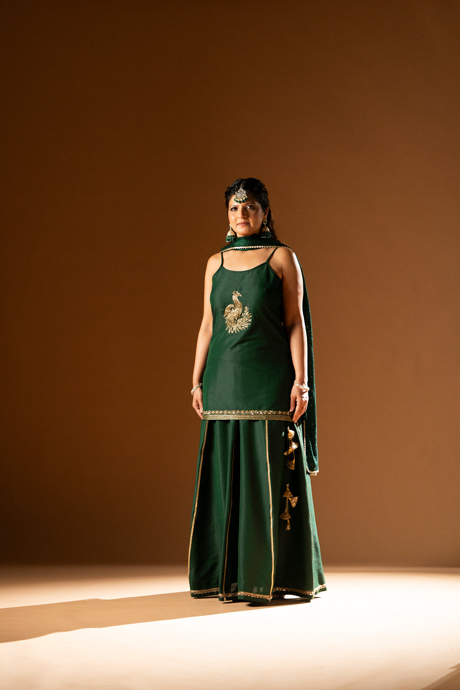 Short Kurta and Lehenga with Peacock Motif (Green)