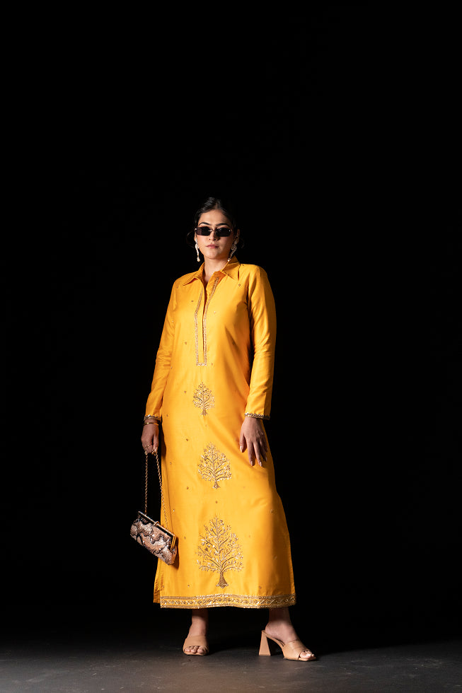 Straight Cut Kurta with Tree of Life Motif (Yellow)