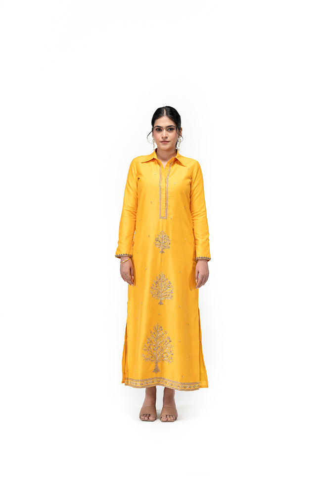 Straight Cut Kurta with Tree of Life Motif (Yellow)