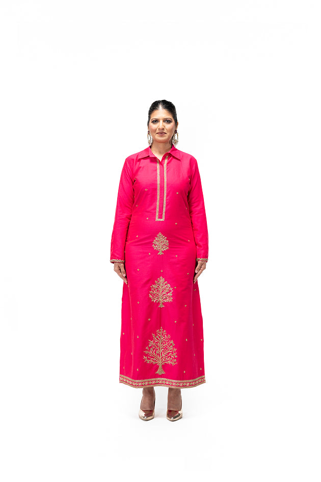 Straight Cut Kurta with Tree of Life Motif (Rani Pink)