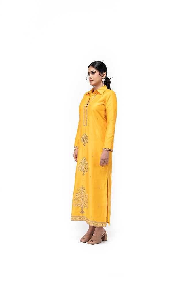 Straight Cut Kurta with Tree of Life Motif (Yellow)