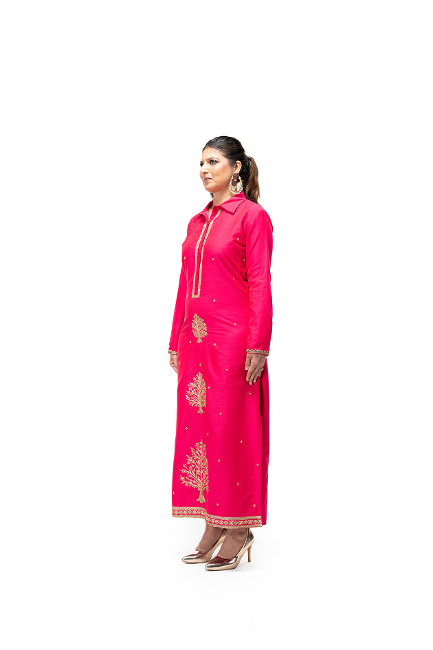 Straight Cut Kurta with Tree of Life Motif (Rani Pink)