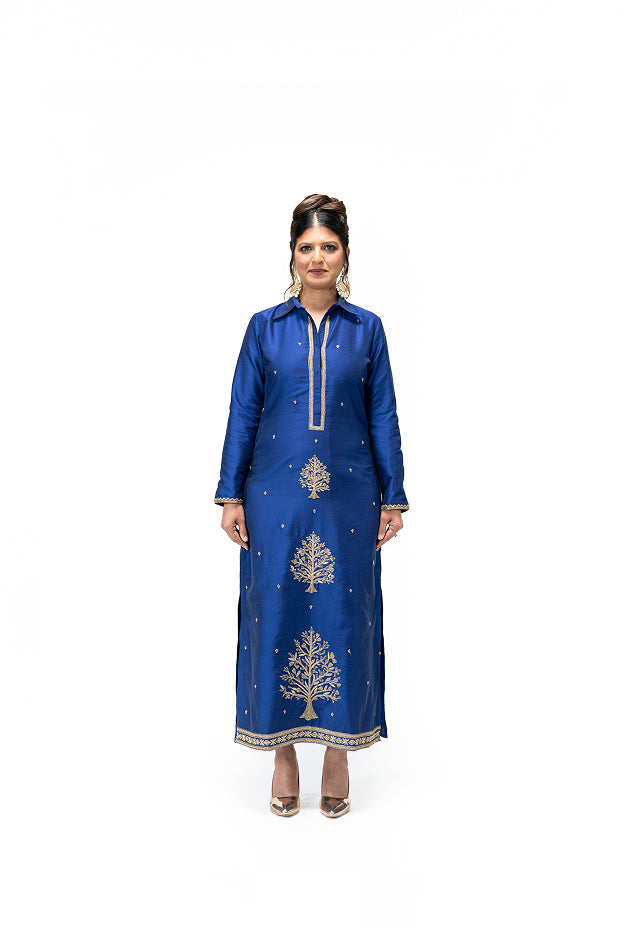 Straight Cut Kurta with Tree of Life Motif (Electric Blue)