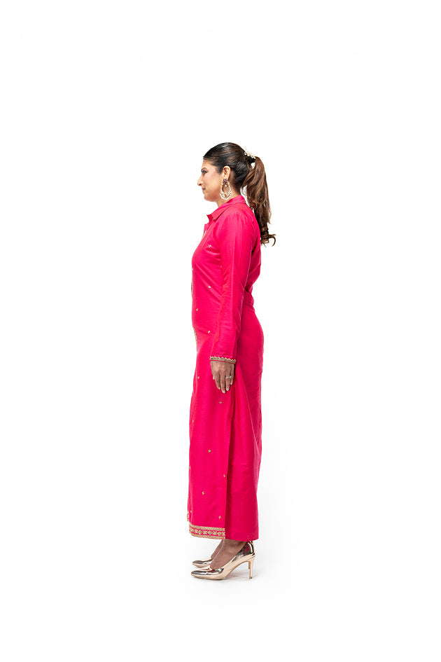 Straight Cut Kurta with Tree of Life Motif (Rani Pink)