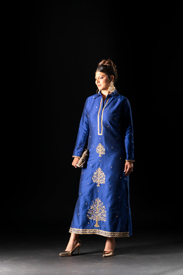 Straight Cut Kurta with Tree of Life Motif (Electric Blue)