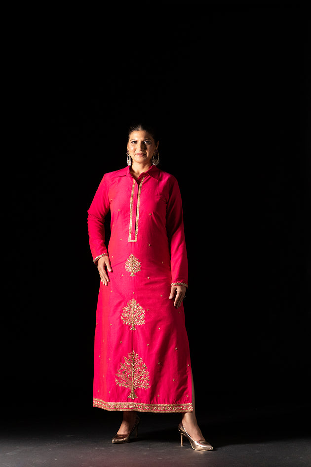 Straight Cut Kurta with Tree of Life Motif (Rani Pink)