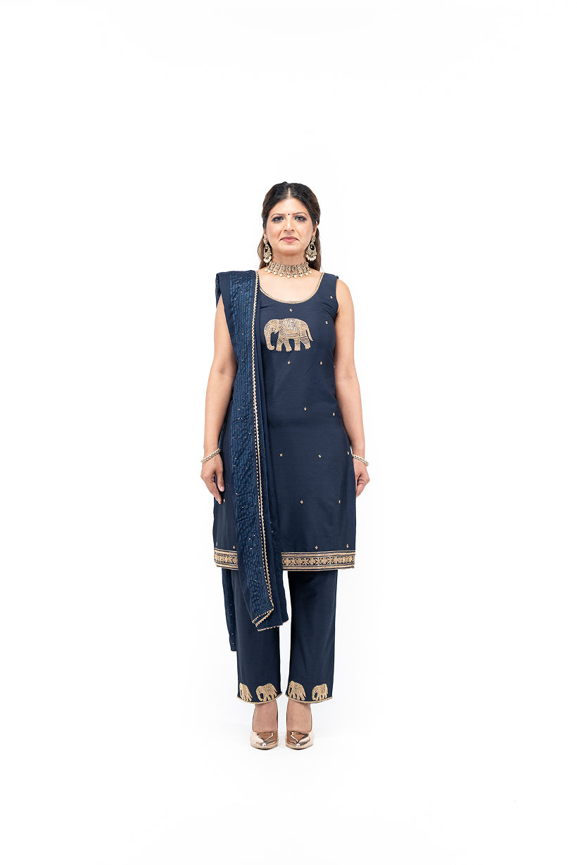 Sleeveless Kurti and Pants with Elephant Motif (Navy)