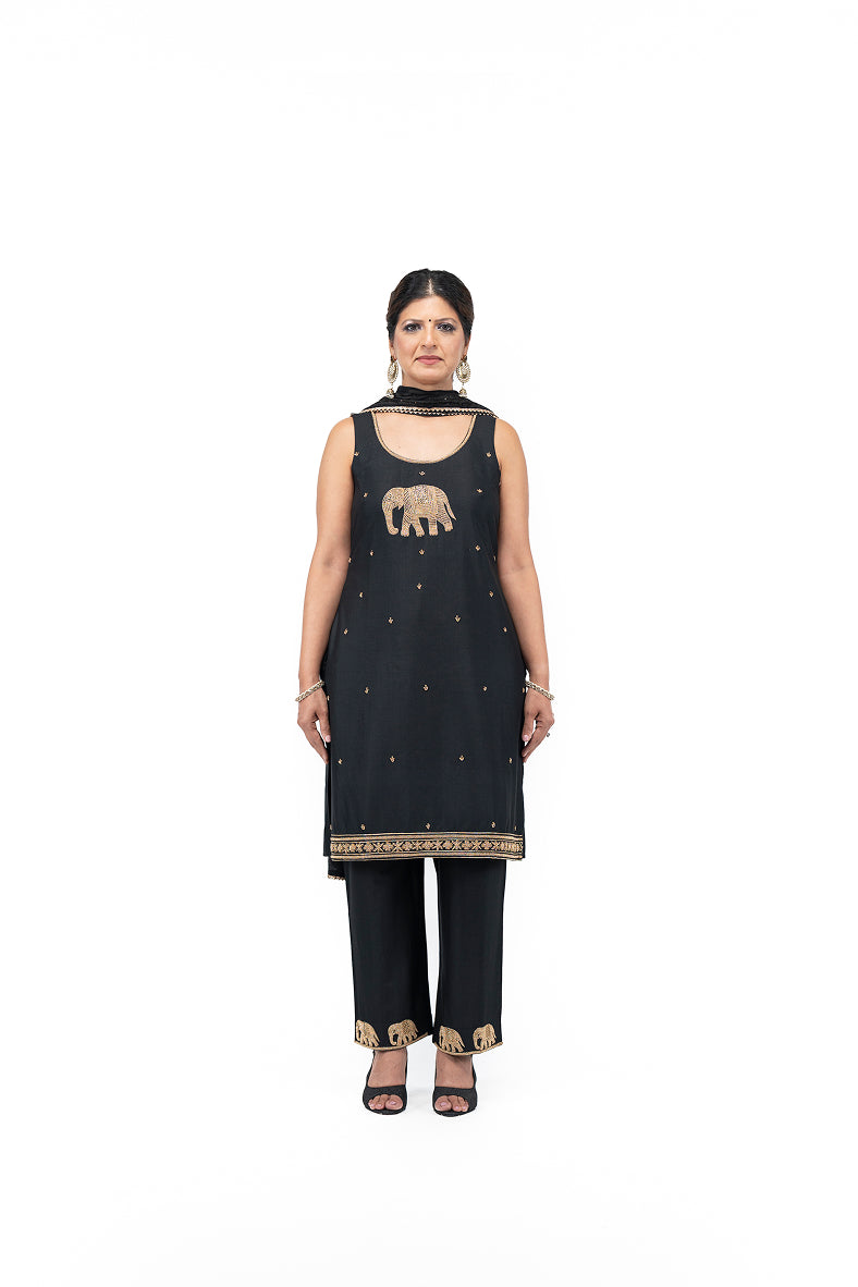 Sleeveless Kurti and Pants with Elephant Motif (Black)
