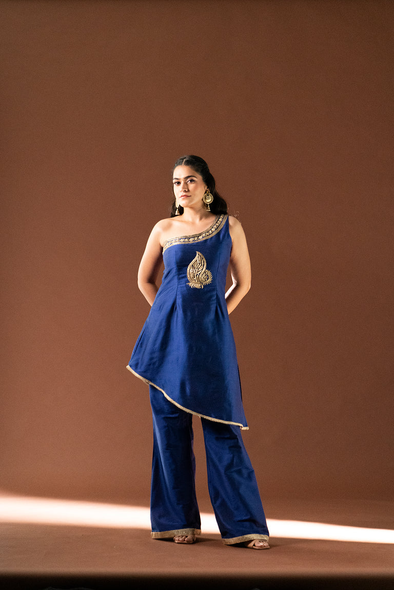 One Shoulder Kurta and Palazzo Pants with Peacock Motif (Electric Blue)