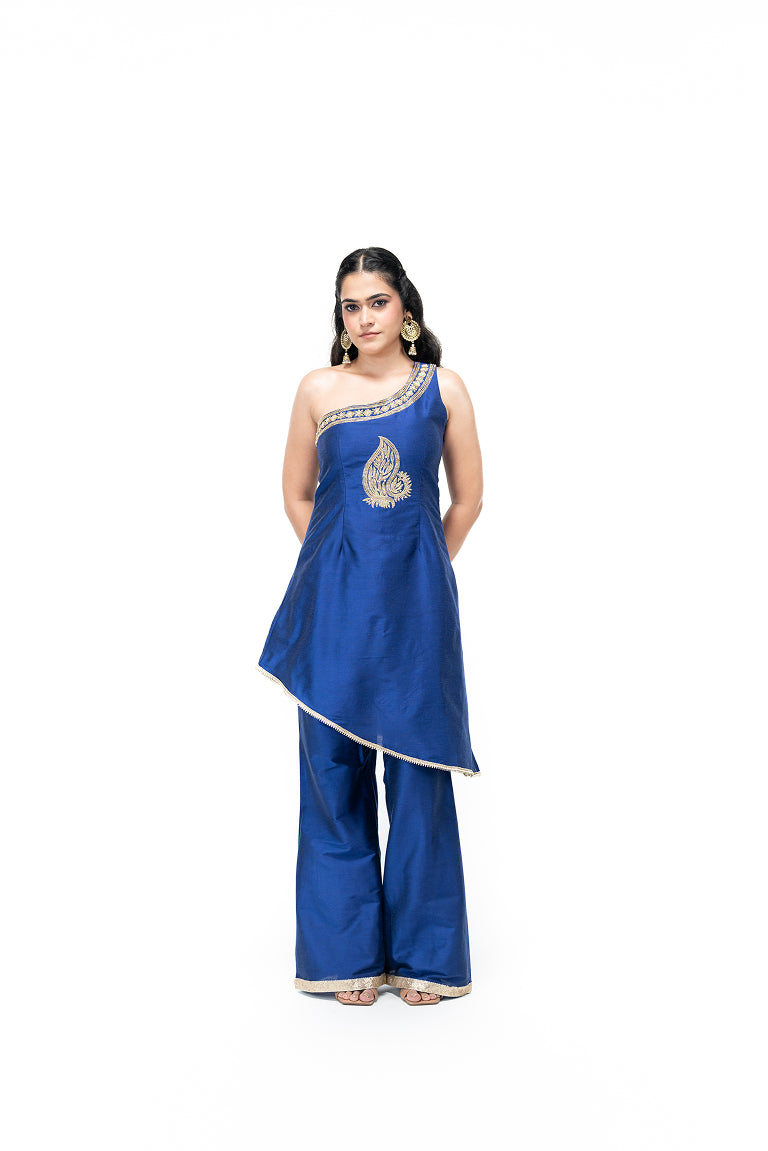 One Shoulder Kurta and Palazzo Pants with Peacock Motif (Electric Blue)