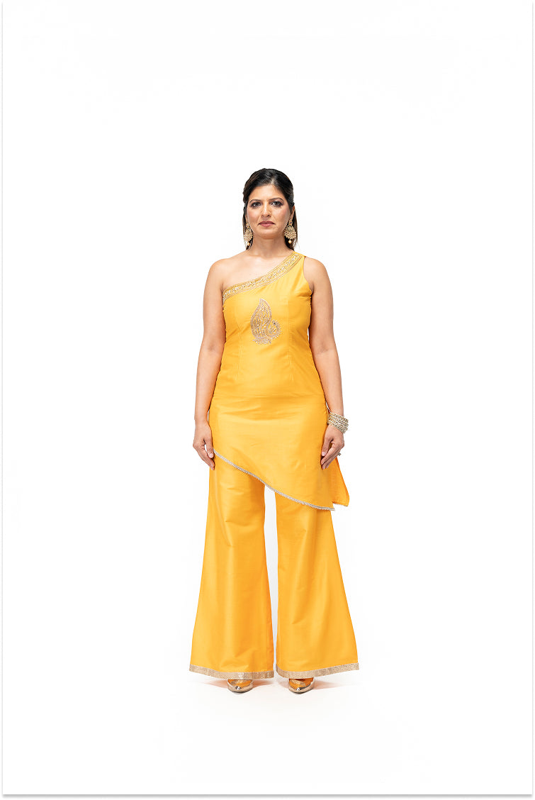 One Shoulder Kurta and Palazzo Pants with Peacock Motif (Yellow)