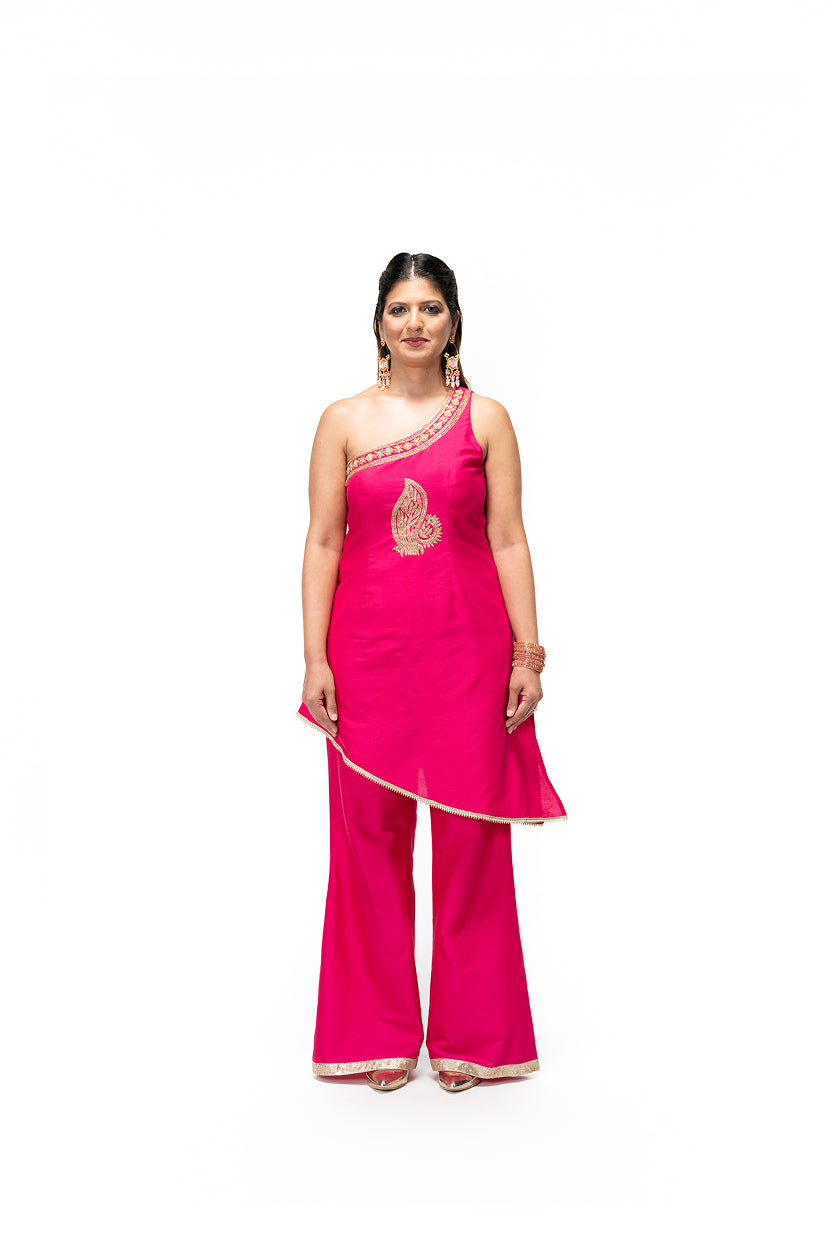 One Shoulder Kurta and Palazzo Pants with Peacock Motif (Rani Pink)