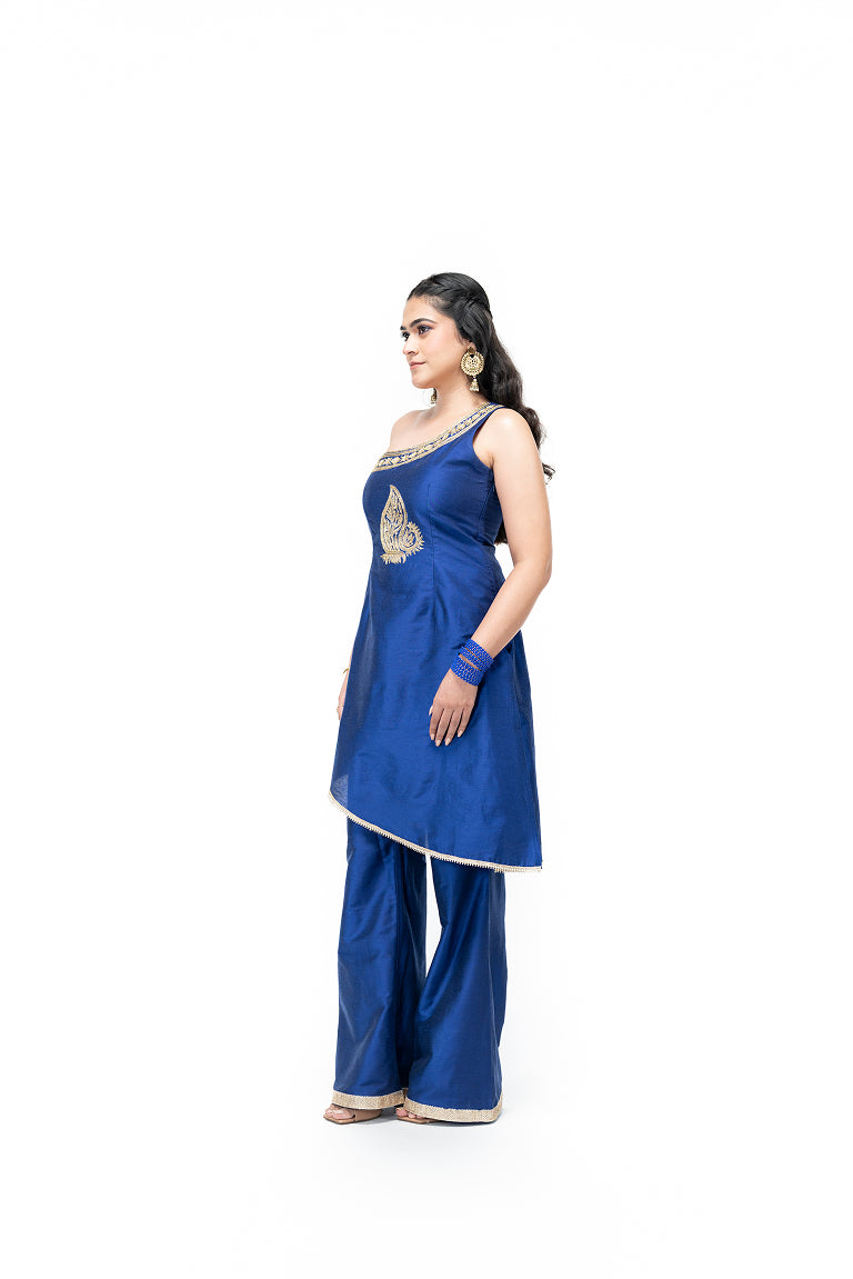 One Shoulder Kurta and Palazzo Pants with Peacock Motif (Electric Blue)