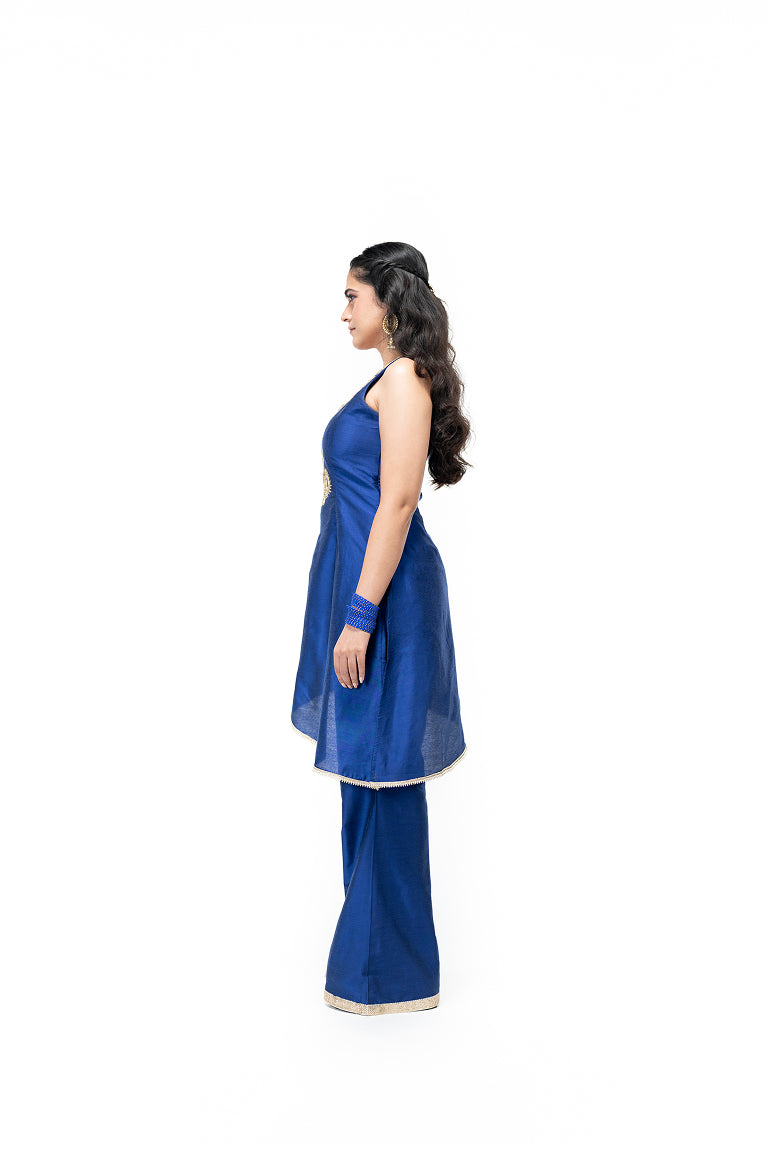 One Shoulder Kurta and Palazzo Pants with Peacock Motif (Electric Blue)