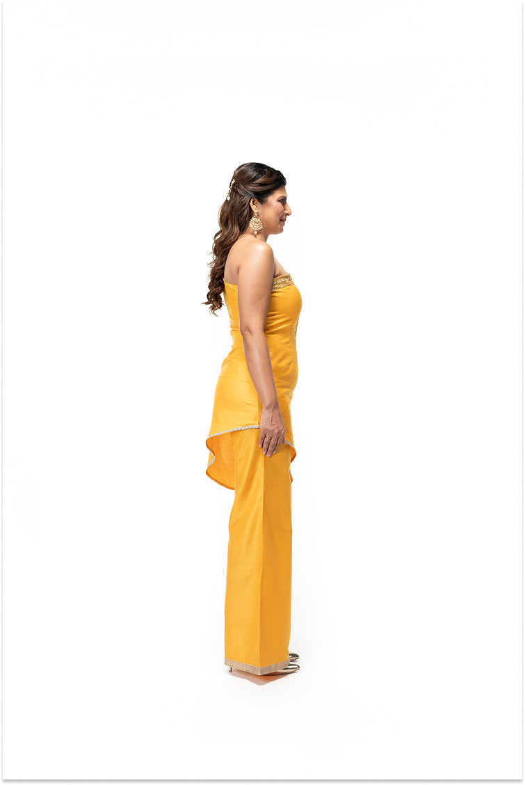 One Shoulder Kurta and Palazzo Pants with Peacock Motif (Yellow)