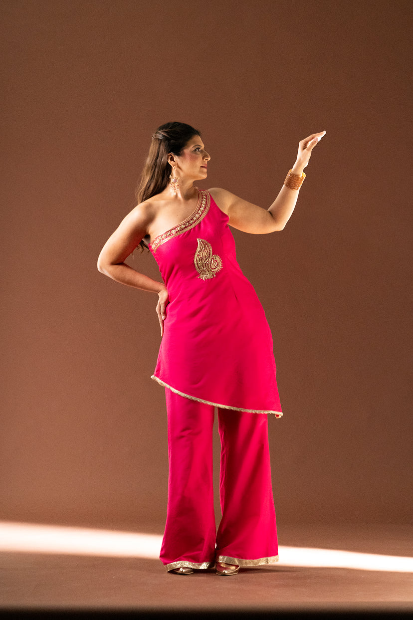 One Shoulder Kurta and Palazzo Pants with Peacock Motif (Rani Pink)