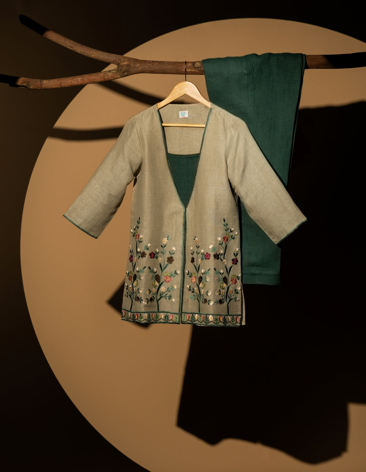Natural Green - Spaghetti Top with Embroidered Jacket & Afghan Pant