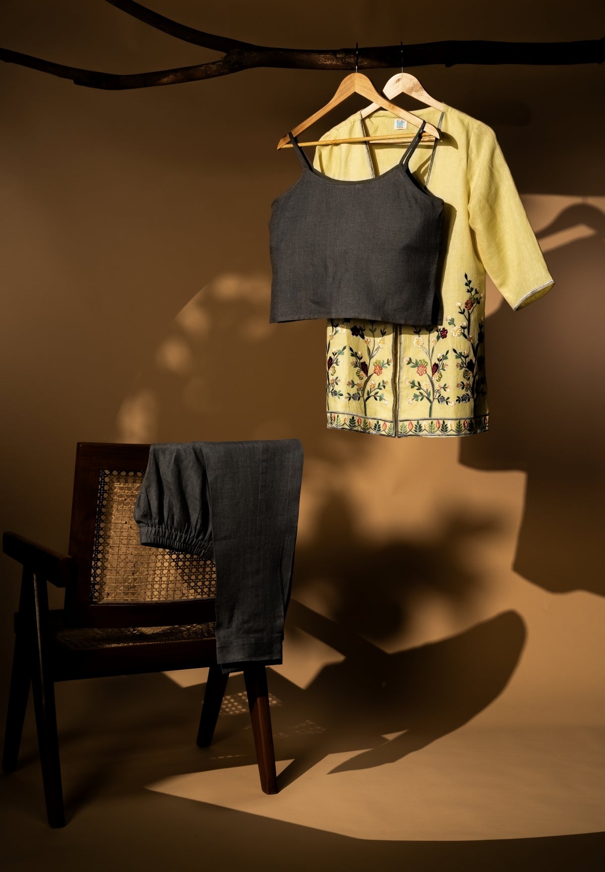 Lemon Haze - Spaghetti Top with Embroidered Jacket & Afghan Pant