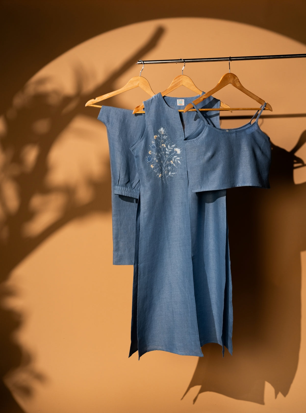 Denim Dusk Set Three Piece Co-ord features a Long Sleeveless Jacket, Spaghetti and Wide Legged Palazzo Pants