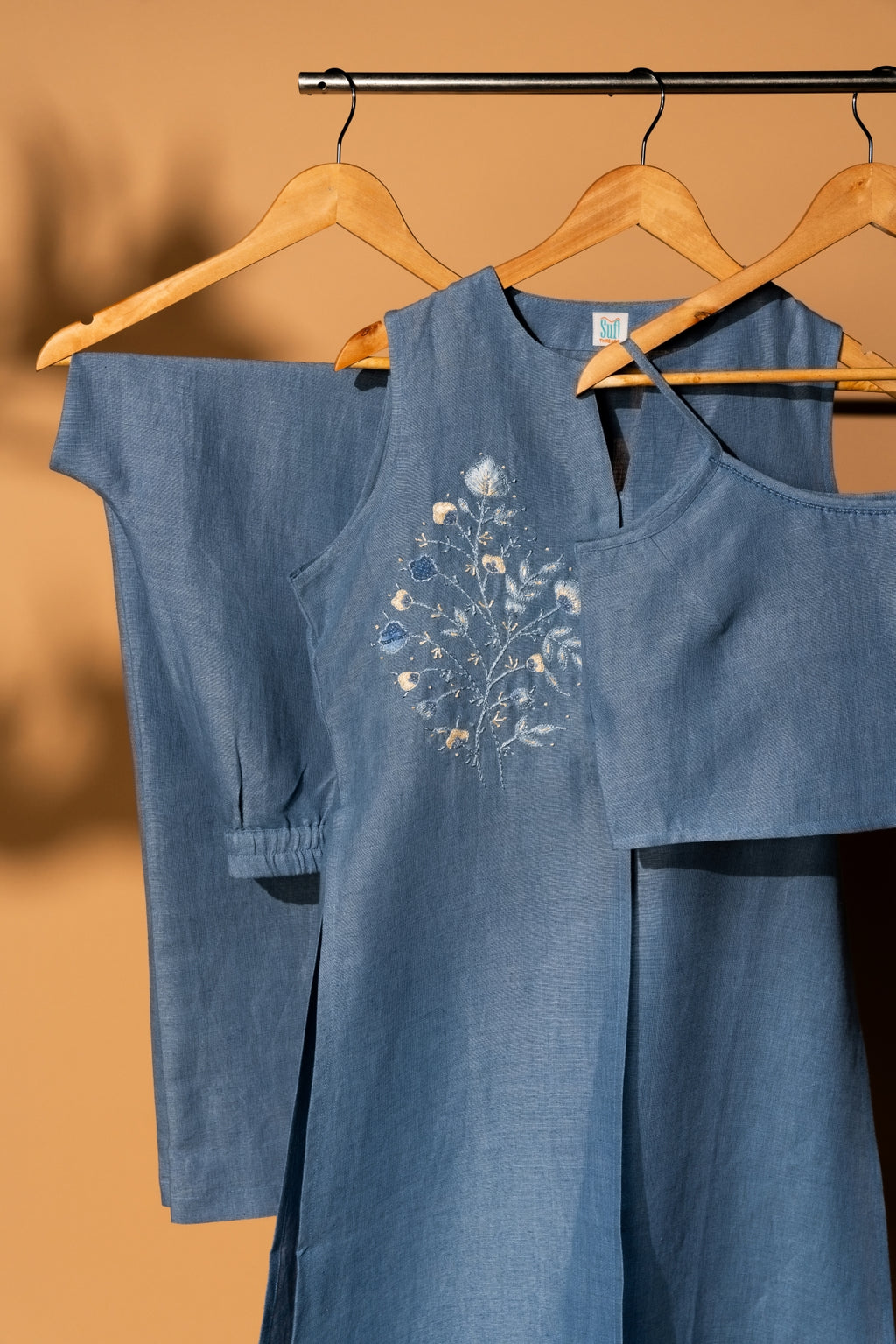 Denim Dusk Set Three Piece Co-ord features a Long Sleeveless Jacket, Spaghetti and Wide Legged Palazzo Pants