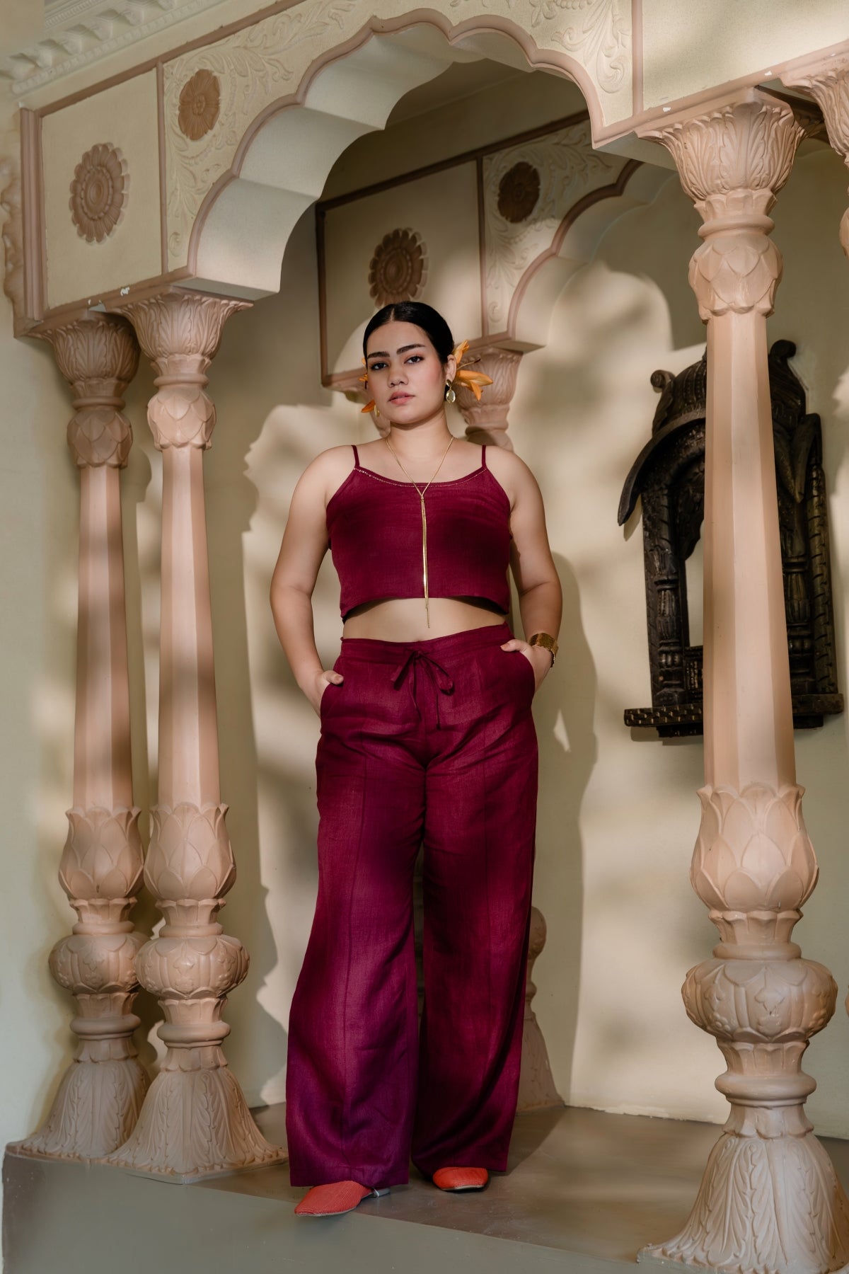 Wine Ember Set Three Piece Co-ord features a Long Sleeveless Jacket, Spaghetti and Wide Legged Palazzo Pants