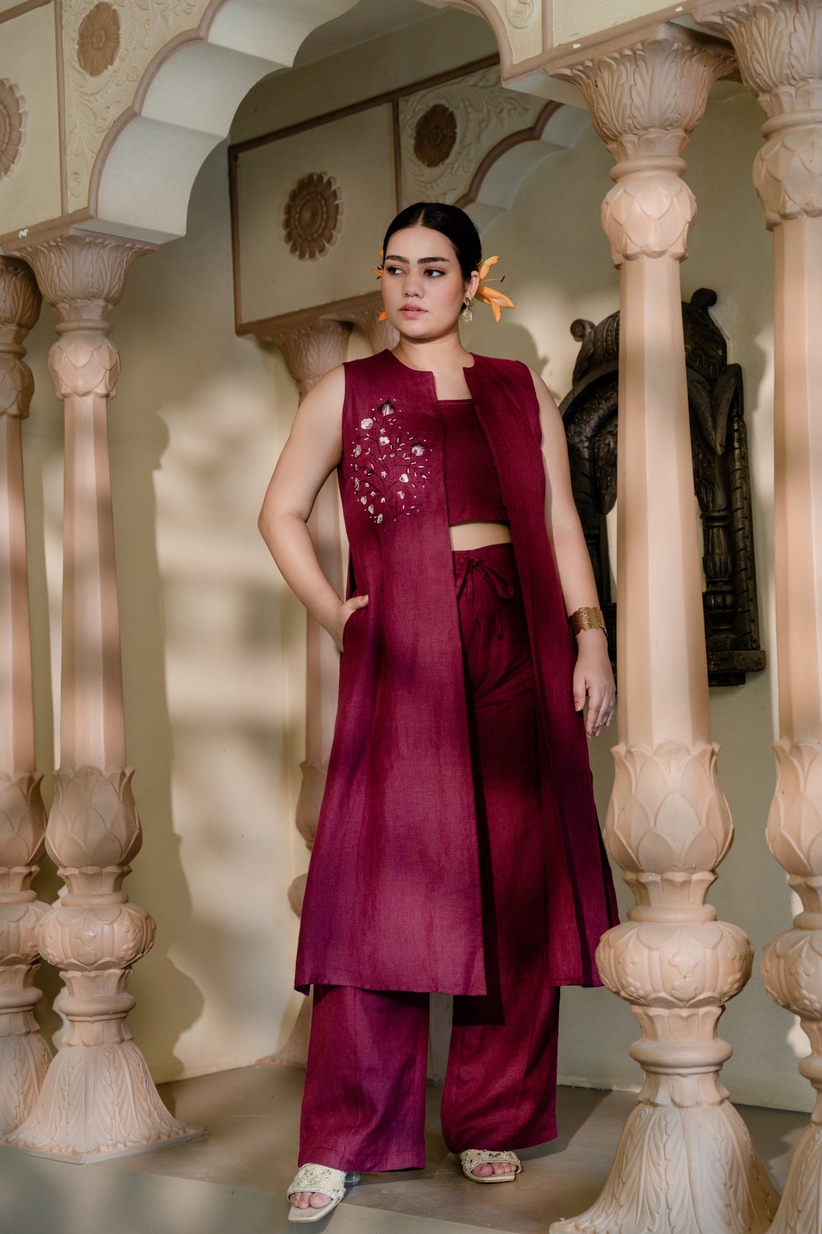 Wine Ember Set Three Piece Co-ord features a Long Sleeveless Jacket, Spaghetti and Wide Legged Palazzo Pants