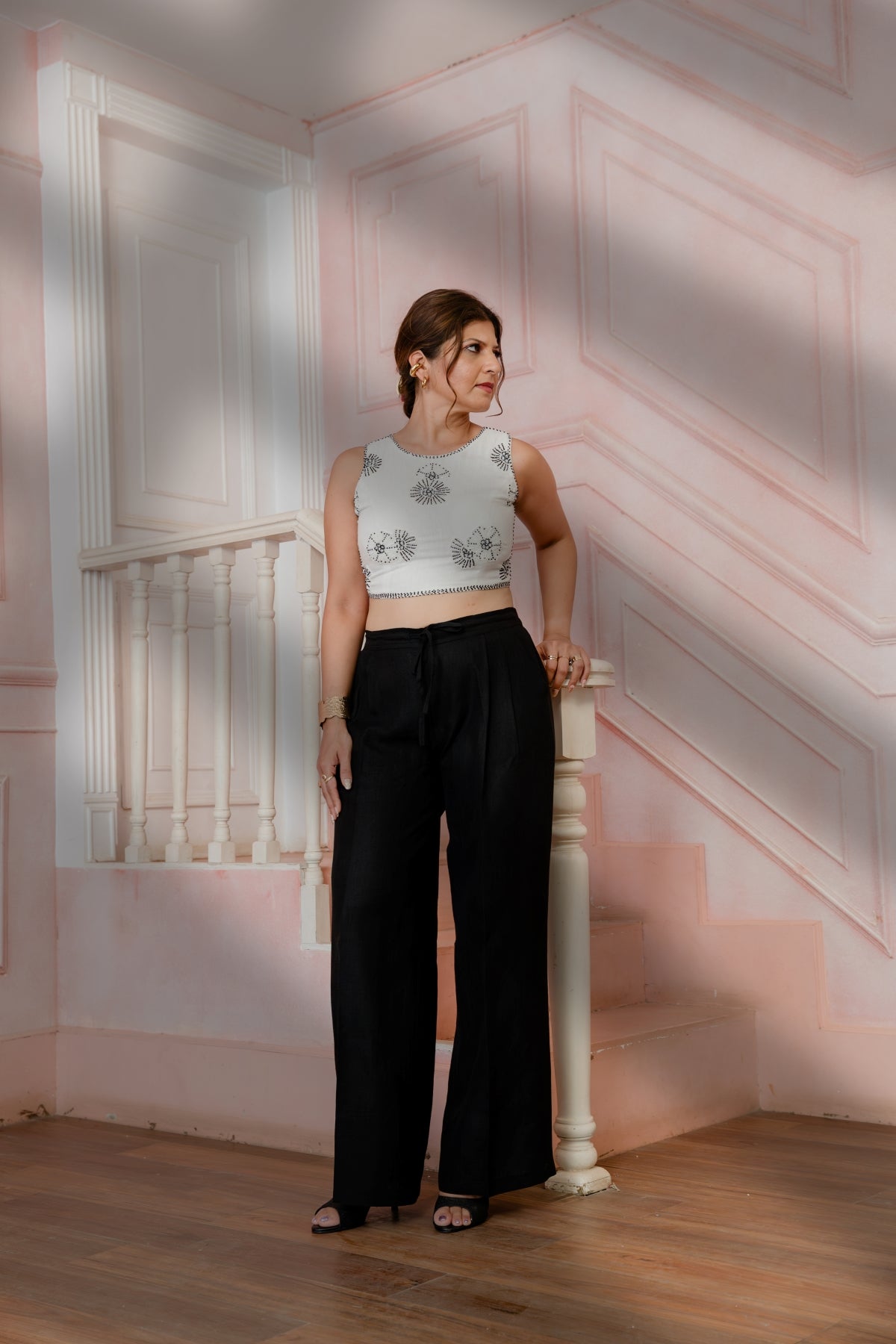 Ivory Noir Set Sleeveless Crop Top and Comfort Fit Pants