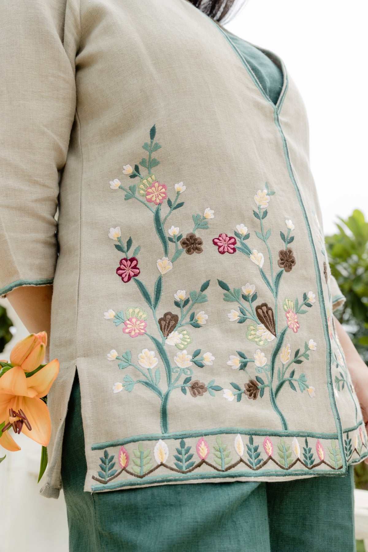 Natural Green - Spaghetti Top with Embroidered Jacket & Afghan Pant