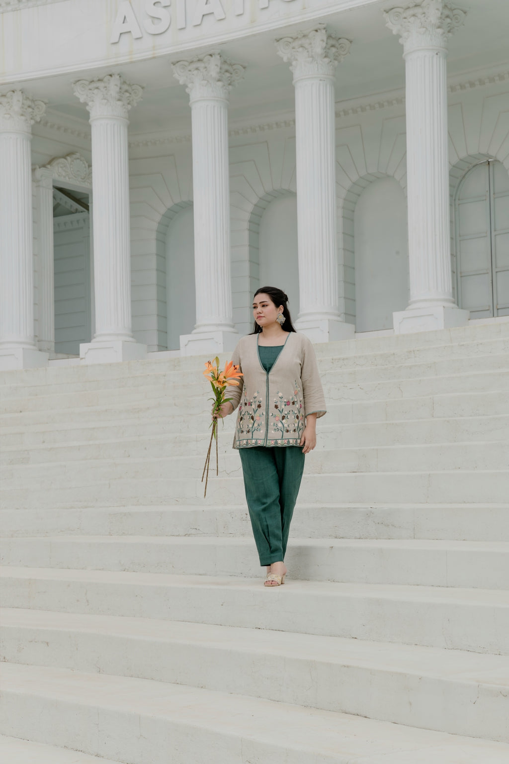 Natural Green - Spaghetti Top with Embroidered Jacket & Afghan Pant