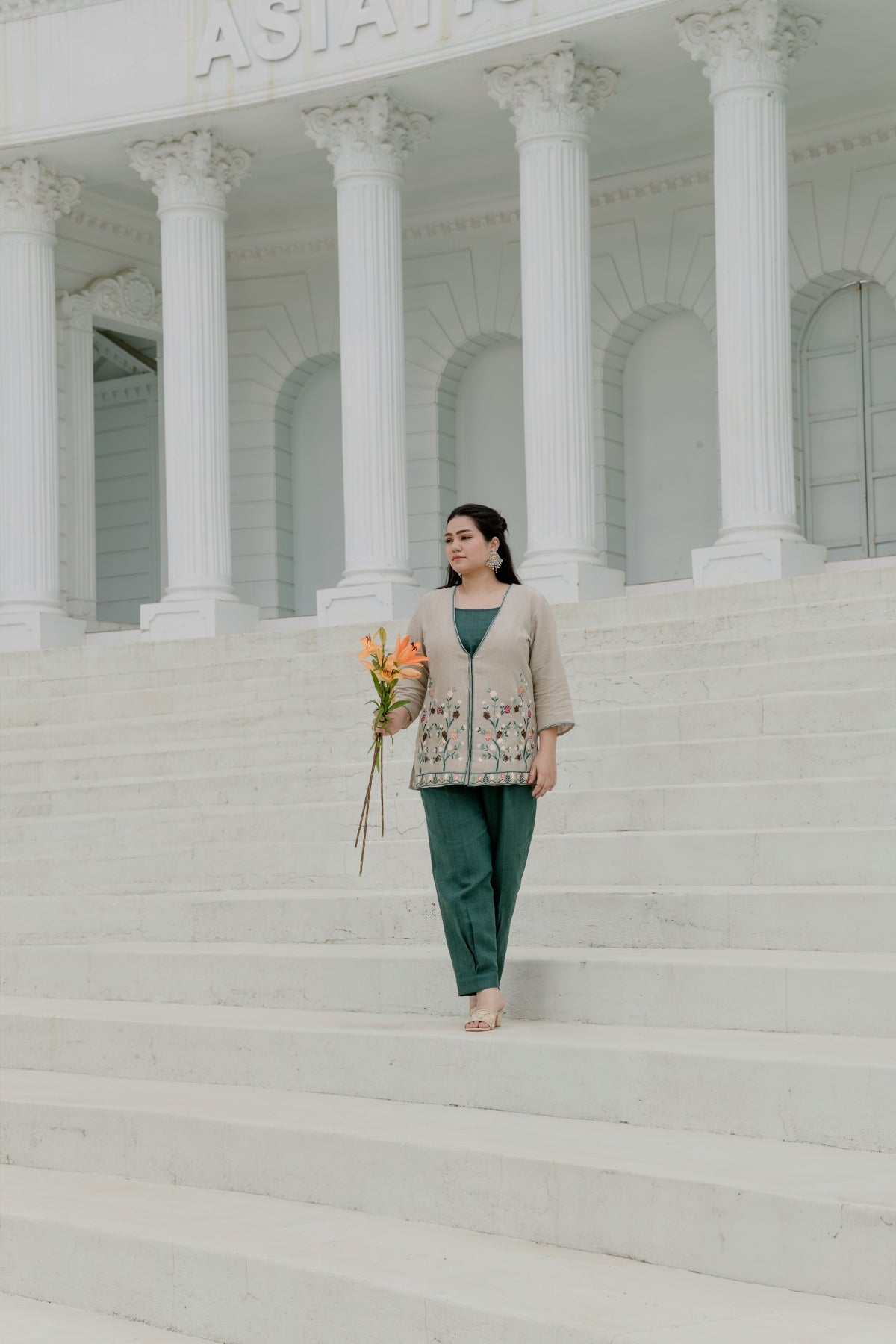 Natural Green - Spaghetti Top with Embroidered Jacket & Afghan Pant