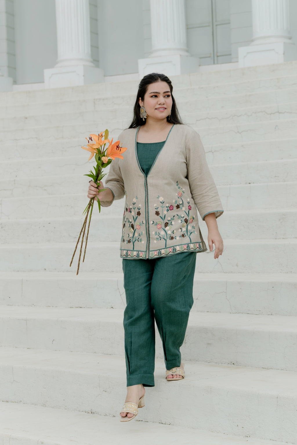 Natural Green - Spaghetti Top with Embroidered Jacket & Afghan Pant