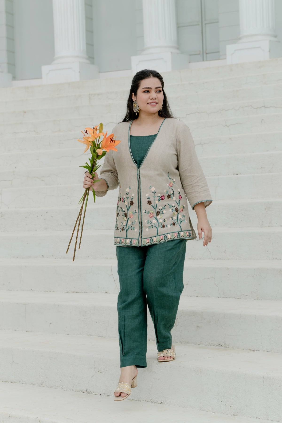 Natural Green - Spaghetti Top with Embroidered Jacket & Afghan Pant