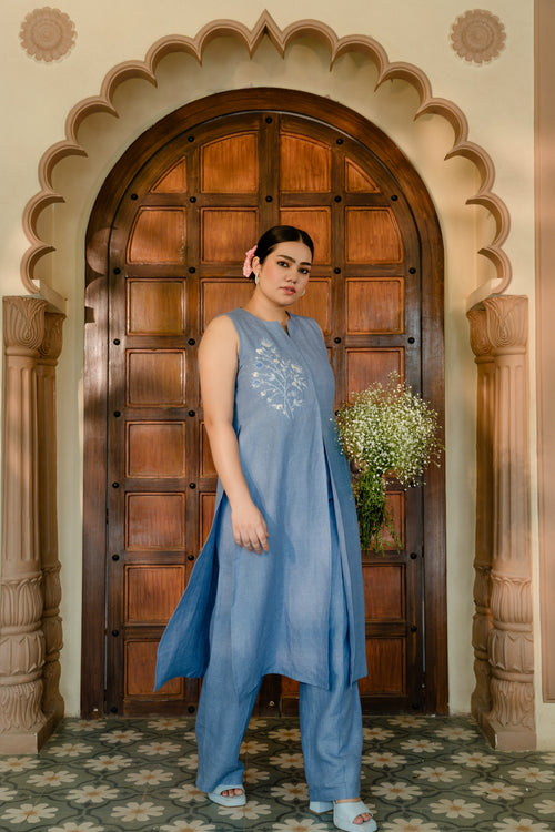 Denim Dusk Set Three Piece Co-ord features a Long Sleeveless Jacket, Spaghetti and Wide Legged Palazzo Pants
