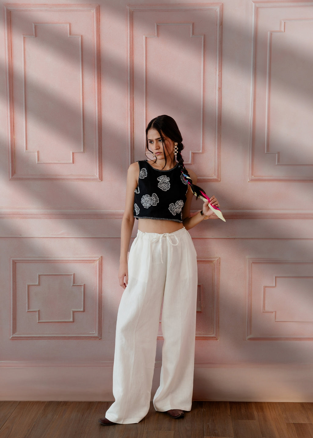 Noir Elan Set Sleeveless Crop Top and Comfort Fit Pants
