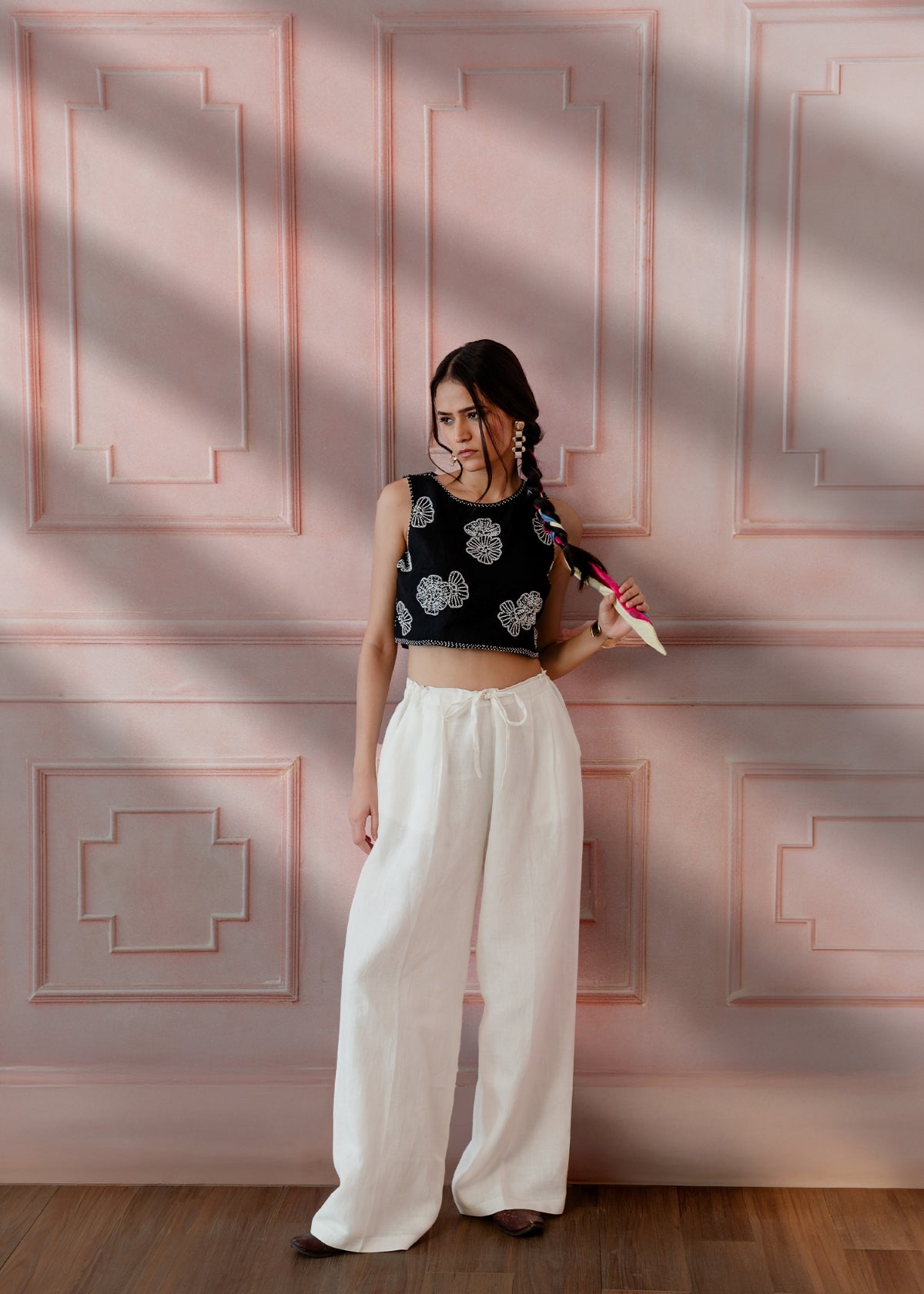 Noir Elan Set Sleeveless Crop Top and Comfort Fit Pants