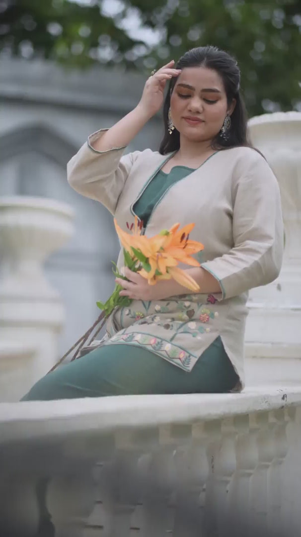 Natural Green - Spaghetti Top with Embroidered Jacket & Afghan Pant