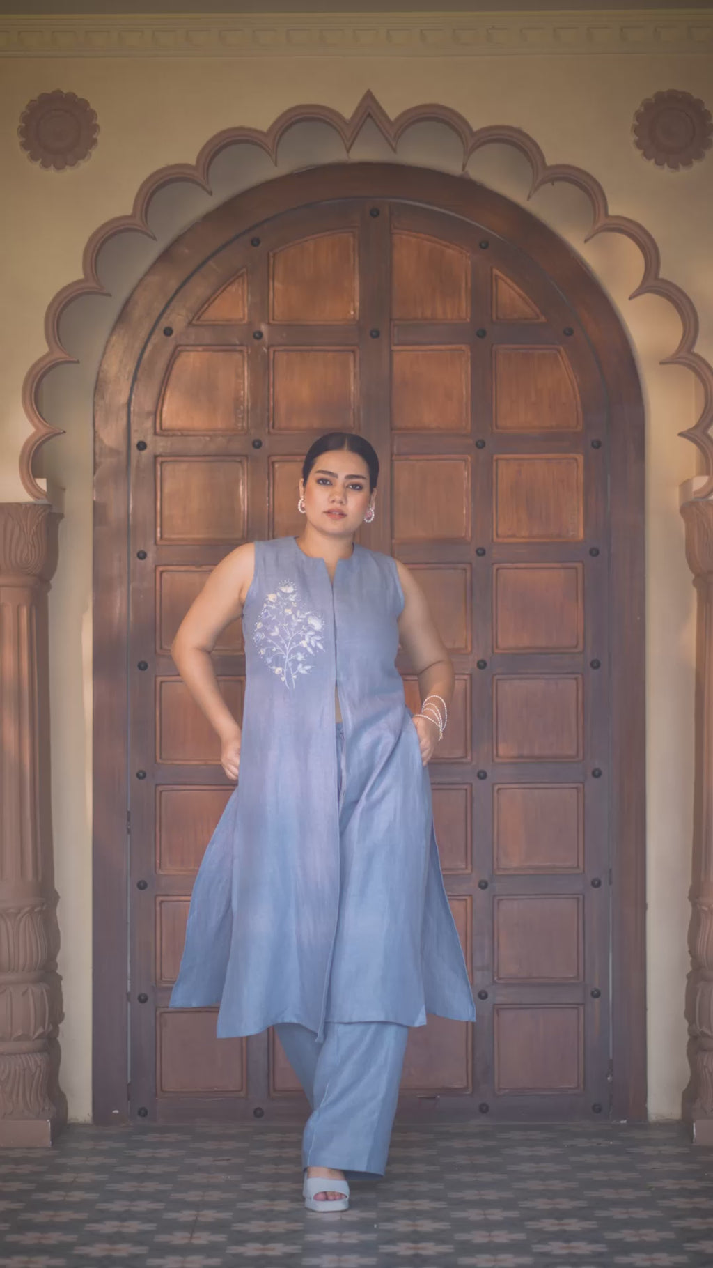 Denim Dusk Set Three Piece Co-ord features a Long Sleeveless Jacket, Spaghetti and Wide Legged Palazzo Pants
