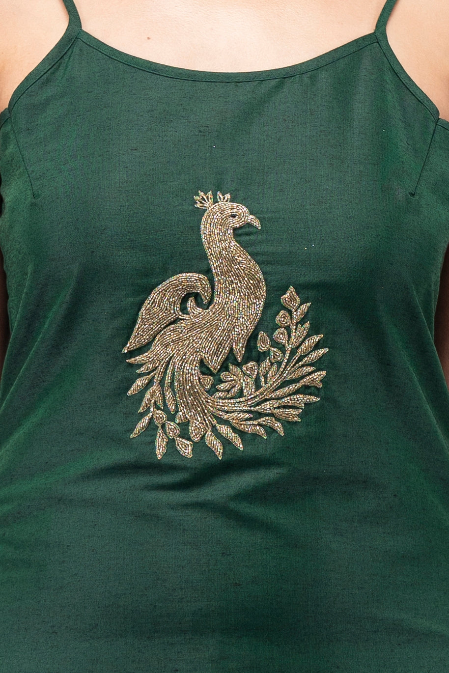 Short Kurta and Lehenga with Peacock Motif (Green)