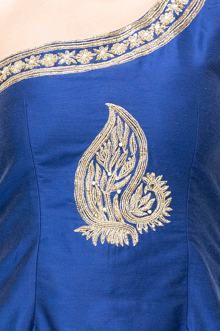 One Shoulder Kurta and Palazzo Pants with Peacock Motif (Electric Blue)