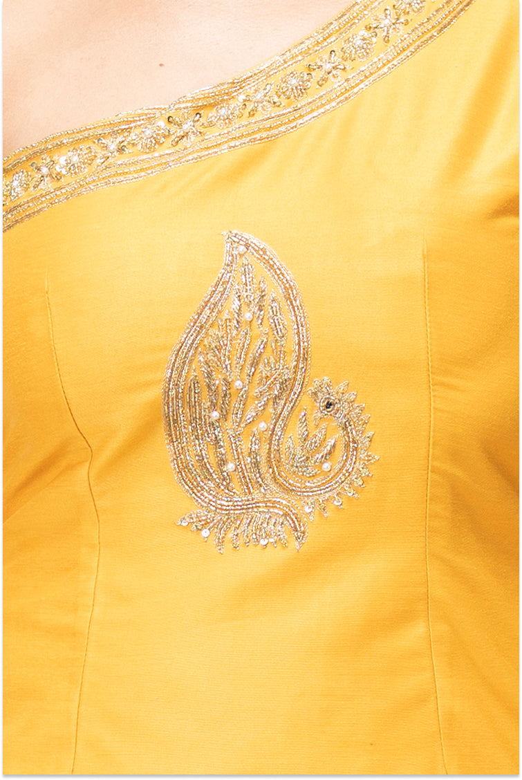 One Shoulder Kurta and Palazzo Pants with Peacock Motif (Yellow)