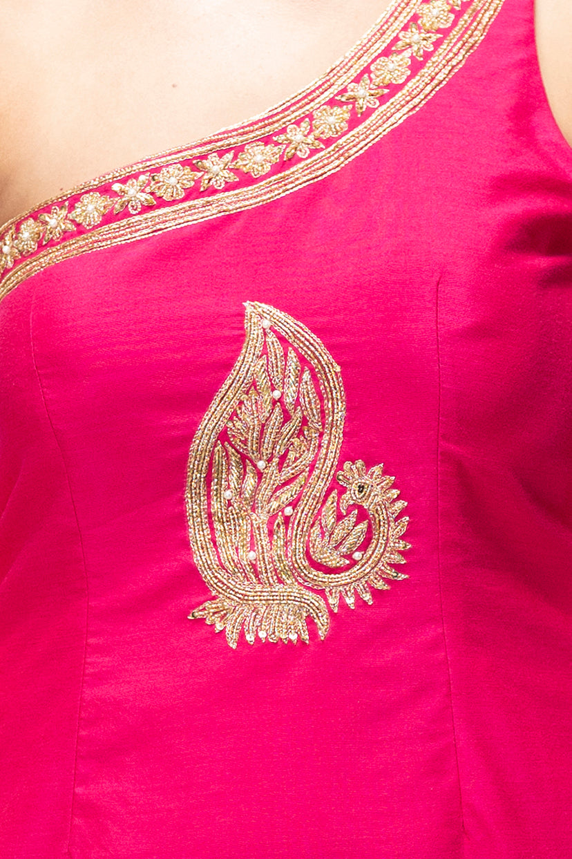 One Shoulder Kurta and Palazzo Pants with Peacock Motif (Rani Pink)