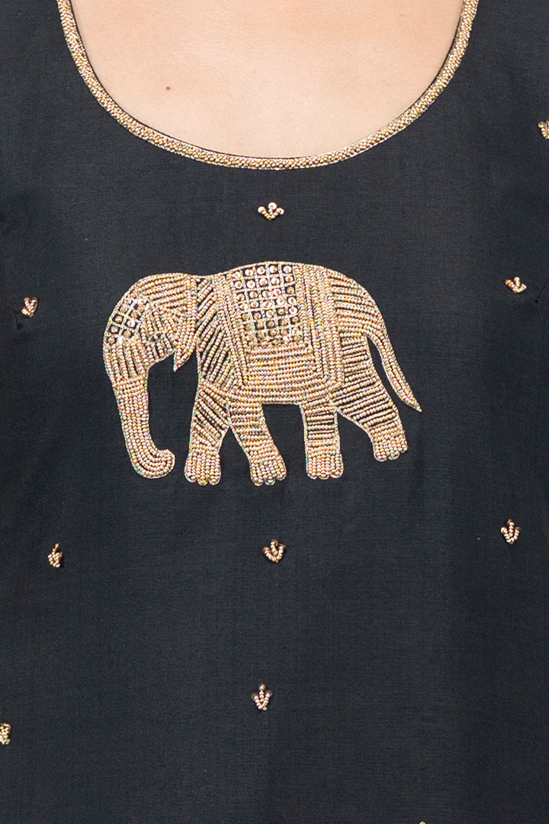 Sleeveless Kurti and Pants with Elephant Motif (Black)