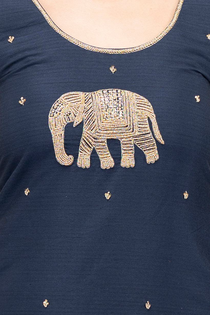 Sleeveless Kurti and Pants with Elephant Motif (Navy)