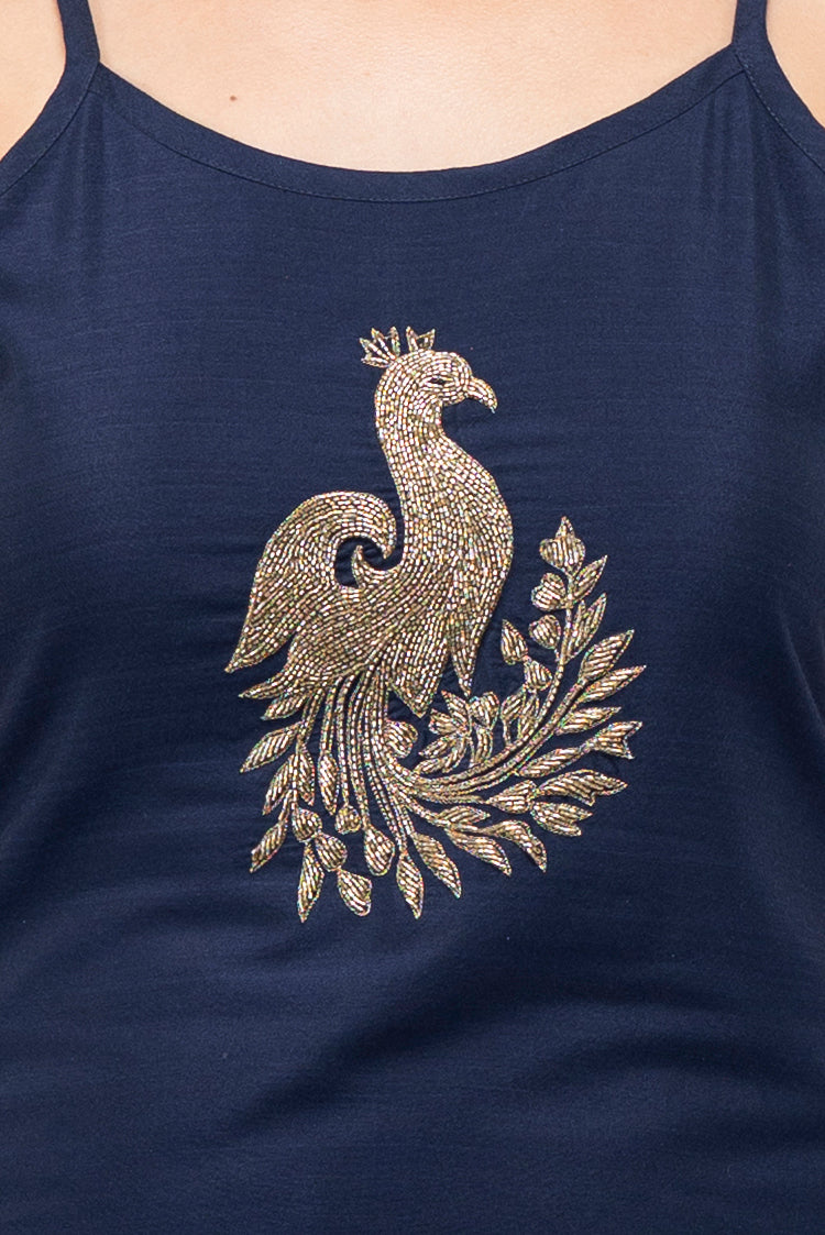 Short Kurta and Lehenga with Peacock Motif (Navy)