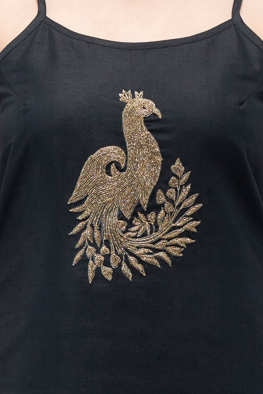 Short Kurta and Lehenga with Peacock Motif (Black)